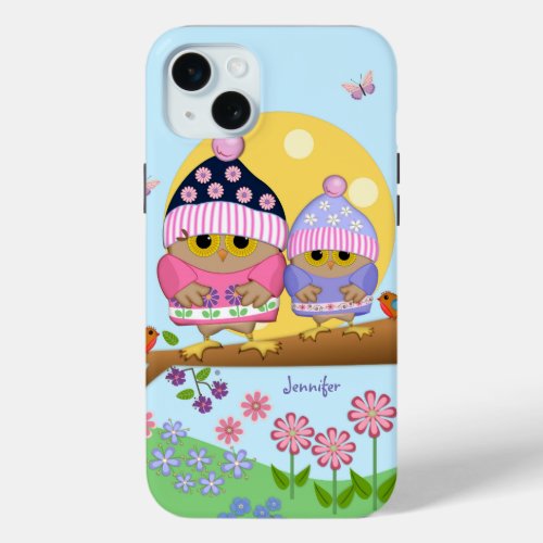 Cute spring owls and custom name iPhone 15 plus case