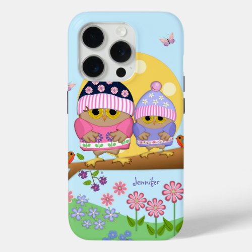 Cute spring owls and custom name iPhone 15 pro case