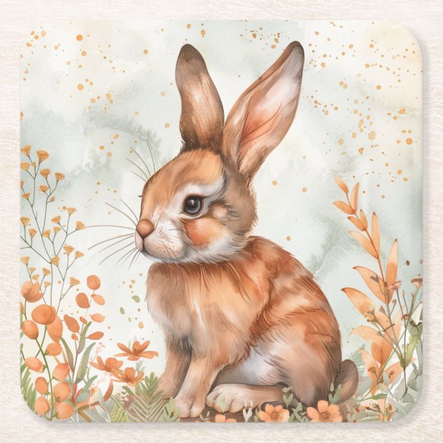 Cute Spring Rabbit Square Paper Coaster (Front)