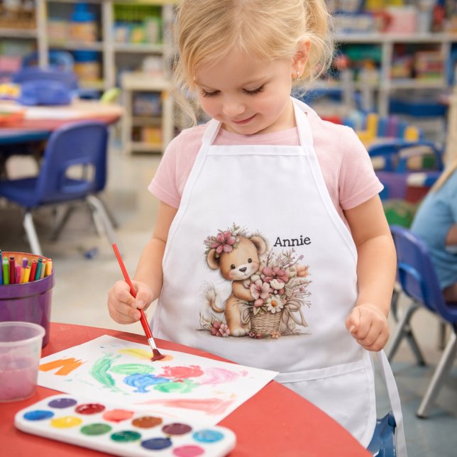 Cute Spring Teddy Bear Illustration Kids' Apron (Creator Uploaded)