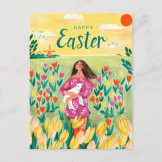 Cute spring woman in tulip field Easter Holiday Postcard