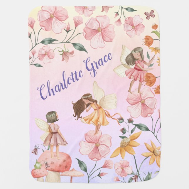 Cute Spring Woodland Fairy Garden Girl Nursery Baby Blanket (Front)