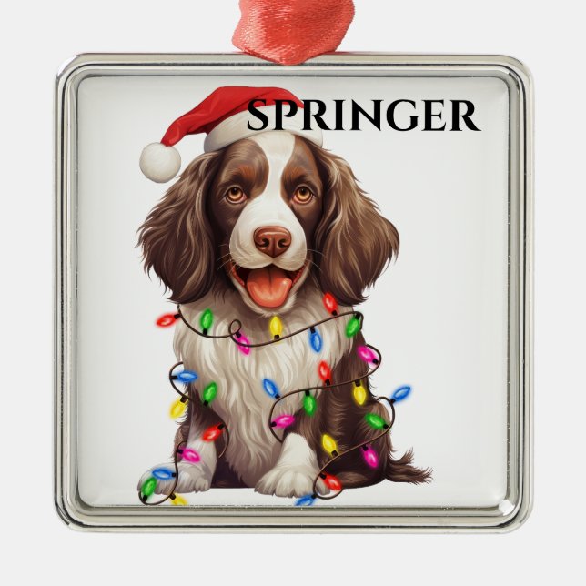 CUTE SPRINGER SPANIEL DOG WITH CHRISTMAS LIGHTS METAL ORNAMENT (Front)
