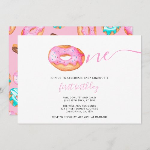 Cute sprinkles watercolor baby donut 1st birthday invitation