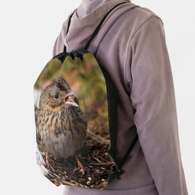 Cute Spunky Lincoln's Sparrow Songbird in the Snow Drawstring Bag (Insitu)