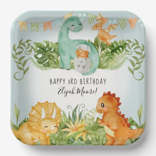 Cute Square Dinosaur Foliage 3rd Birthday Party Paper Plates