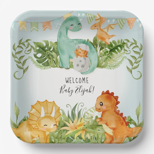 Cute Square Dinosaur Foliage Watercolor Baby Boy Paper Plates (Front)