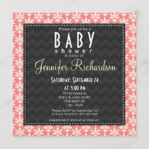 Cute Square Pink Damask Pattern Baby Shower Invitation