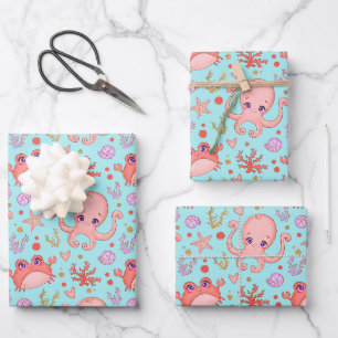 Cute Squid and Crab Marine Life Blue Wrapping Paper Sheets