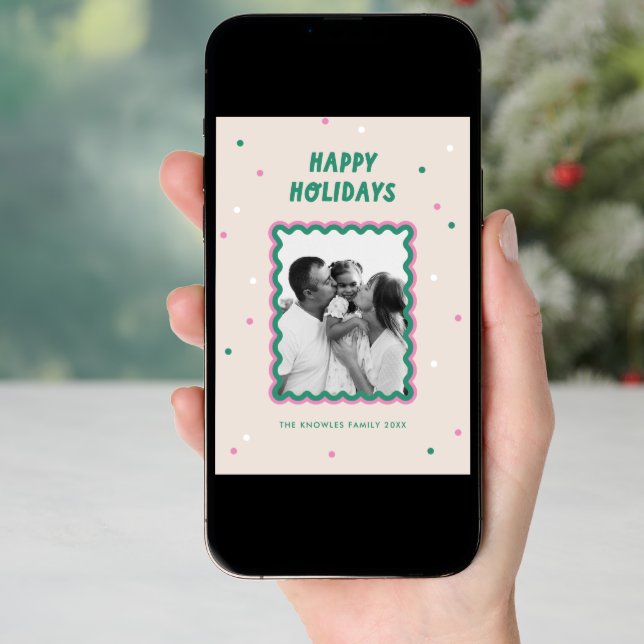 Cute Squiggle Frame Pink + Green Happy Holiday Card (Front Digital)