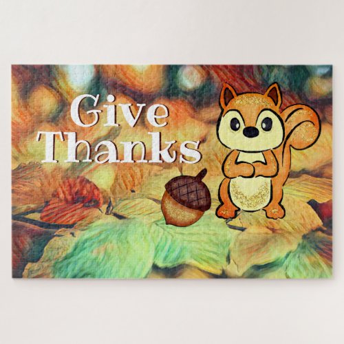 Cute Squirrel Acorn and Autumn Leaves Give Thanks Jigsaw Puzzle