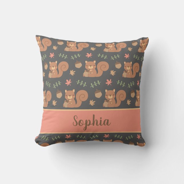 Cute Squirrel Acorn Autumn Pattern Kids Room Decor Throw Pillow (Front)