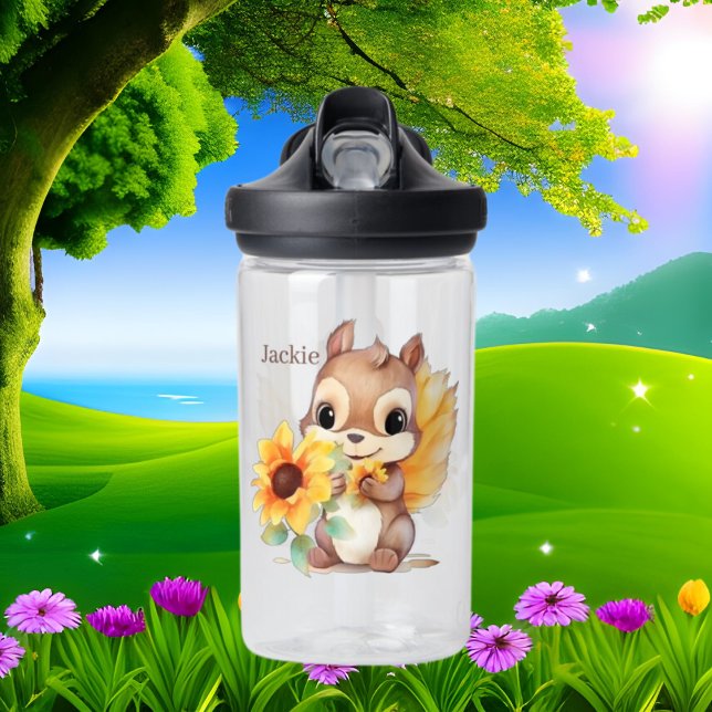 Cute squirrel add name flowers water bottle (Creator Uploaded)