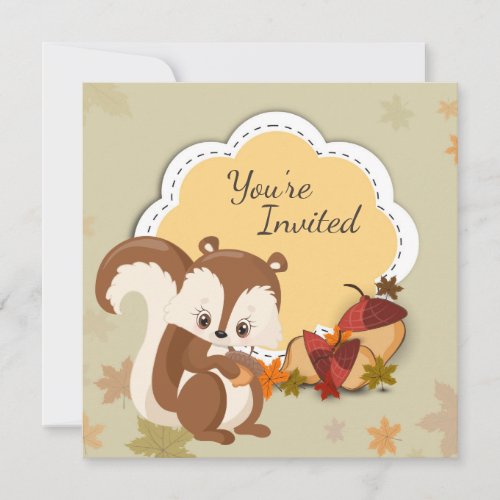 Cute Squirrel and Acorns Autumn Birthday Invite