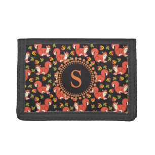 Cute Squirrel and Autumn Leaf Pattern Monogram Tri-fold Wallet