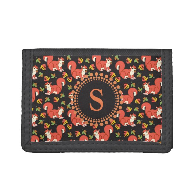 Cute Squirrel and Autumn Leaf Pattern Monogram Tri-fold Wallet (Front)