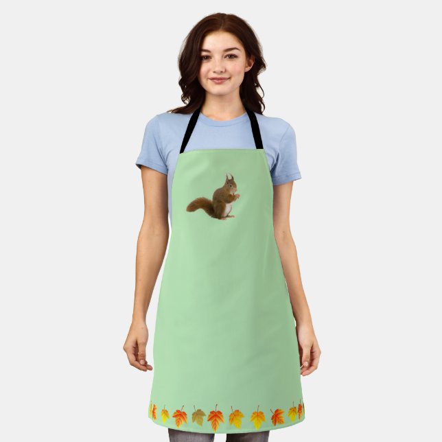 Cute squirrel and Autumn leaves on light green Apron (Worn)