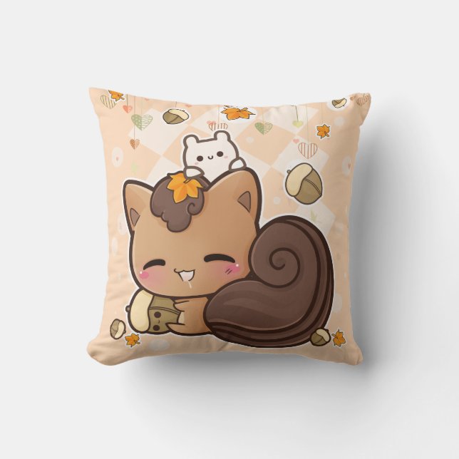 Cute squirrel and kawaii chestnut throw pillow (Front)
