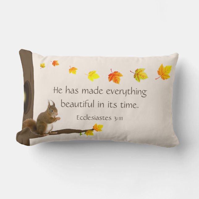 Cute Squirrel, Autumn Leaves & Bible Quote Lumbar Pillow (Front)