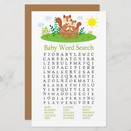Cute Squirrel Baby Shower Word Search Game