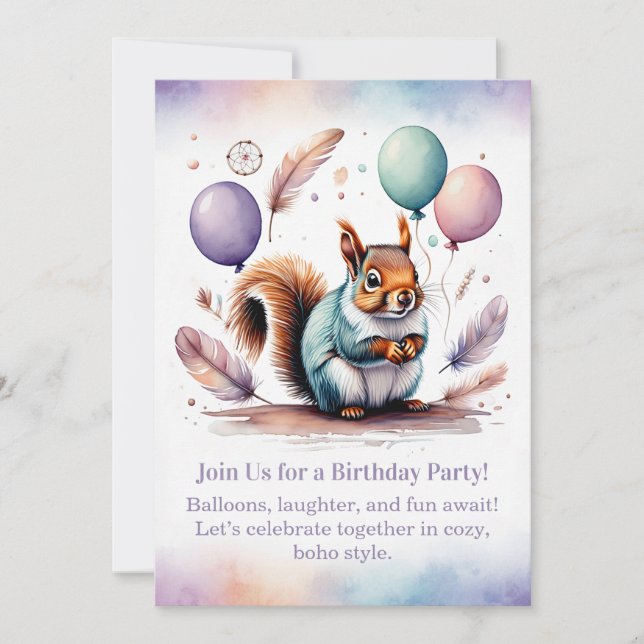 Cute Squirrel Birthday Invitation Woodland Boho  (Front)