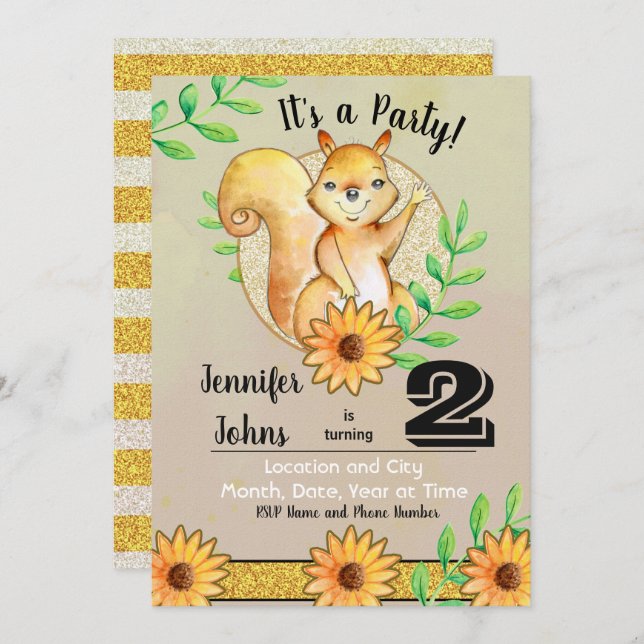 Cute Squirrel Birthday Party Invitation (Front/Back)