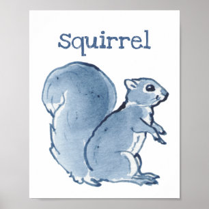 Cute Squirrel Blue Watercolor Animal Nature Art Poster