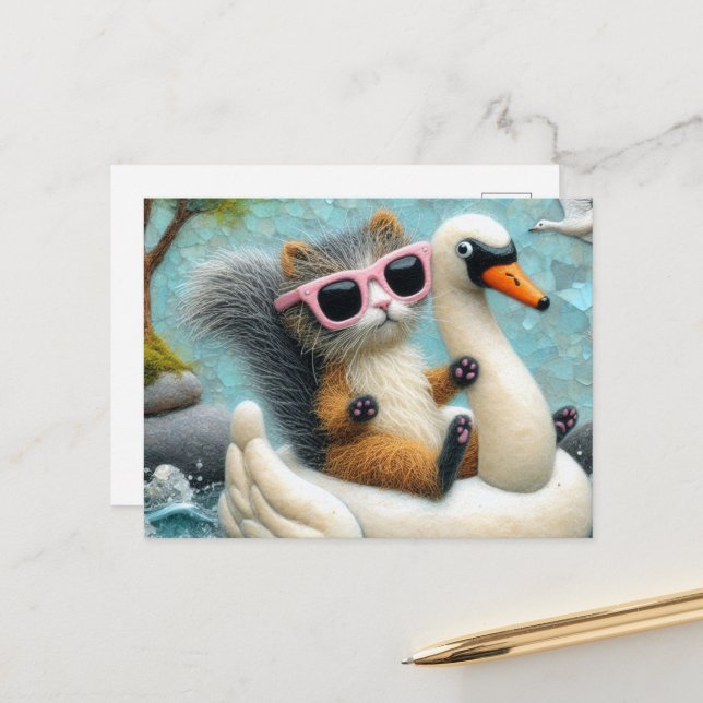 Cute Squirrel Cat Hybrid on a Swan Floatie Postcard (Front/Back In Situ)