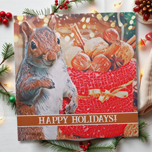 Cute Squirrel Christmas Nuts Cloth Napkin (A cute squirrel in front of the Christmas tree makes a sweet napkin for your table year after year.)