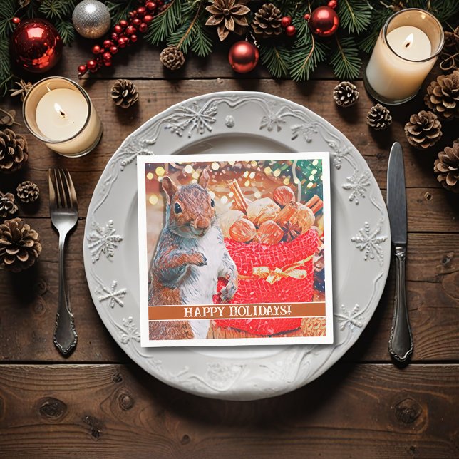 Cute Squirrel Christmas Nuts Napkins (A cute squirrel in front of the Christmas tree makes a sweet custom cocktail napkin for your party.)