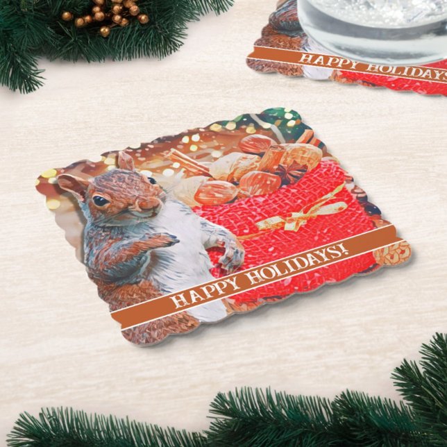 Cute Squirrel Christmas Nuts Paper Coaster (Paper coasters for your holiday party feature a cute squirrel and customizable message.)