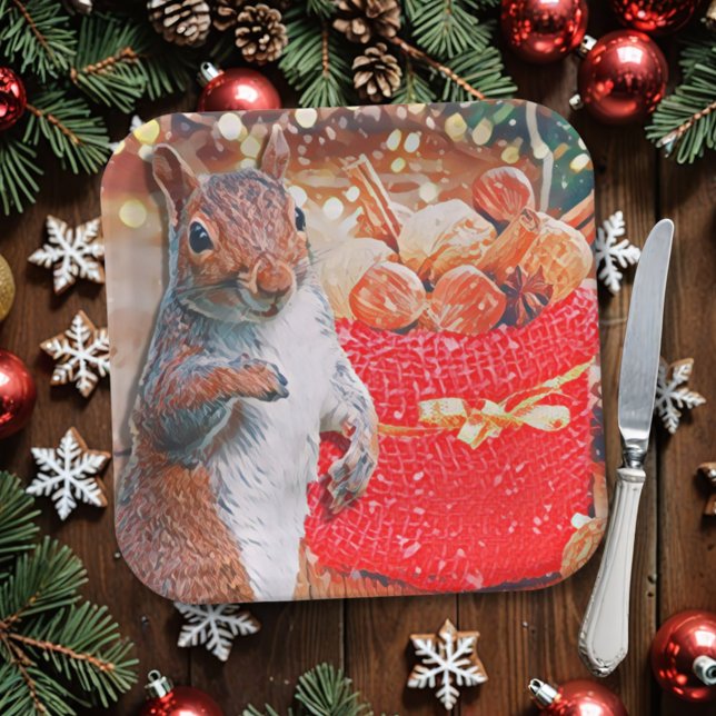 Cute Squirrel Christmas Nuts Paper Plates (Look out! If your Christmas plates include nuts of any kind, this squirrel may ask for one (or all)!)