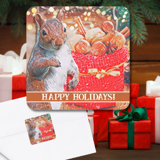 Cute Squirrel Christmas Nuts Square Sticker