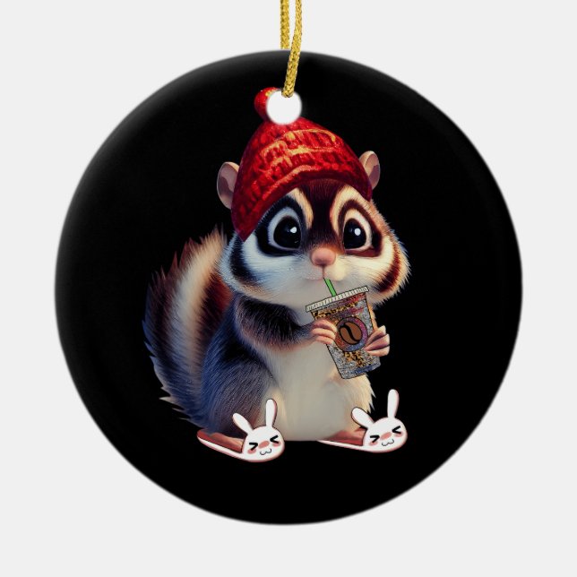 Cute Squirrel Coffee Funny Coffee Drinking Squirre Ceramic Ornament (Front)