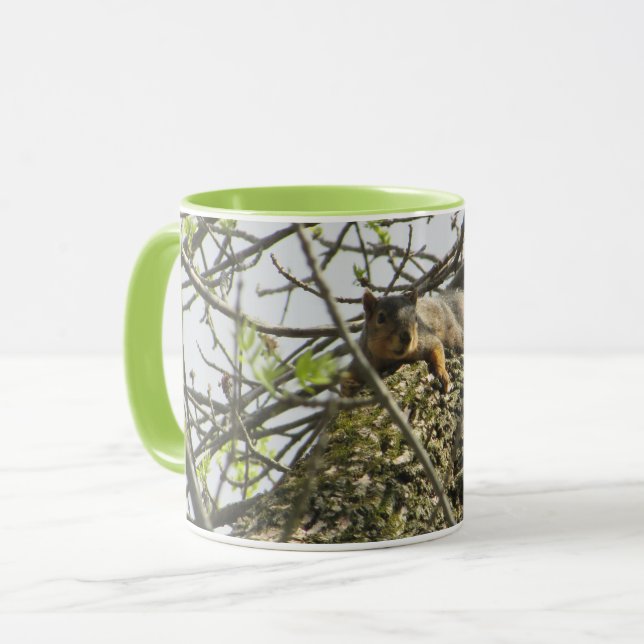 Cute Squirrel Coffee Mug with Lime Green Handle (Front Left)