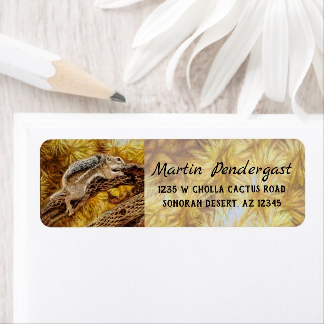 Cute Squirrel Critter On Cholla Cactus Digital Art Label (Insitu)