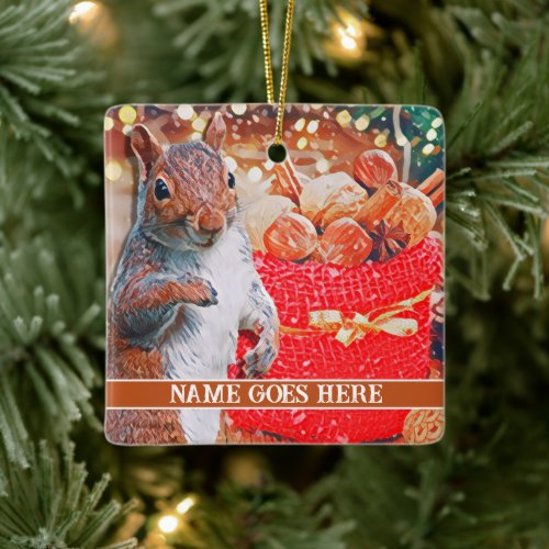 Cute Squirrel Customizable Christmas Nuts Ceramic Ornament