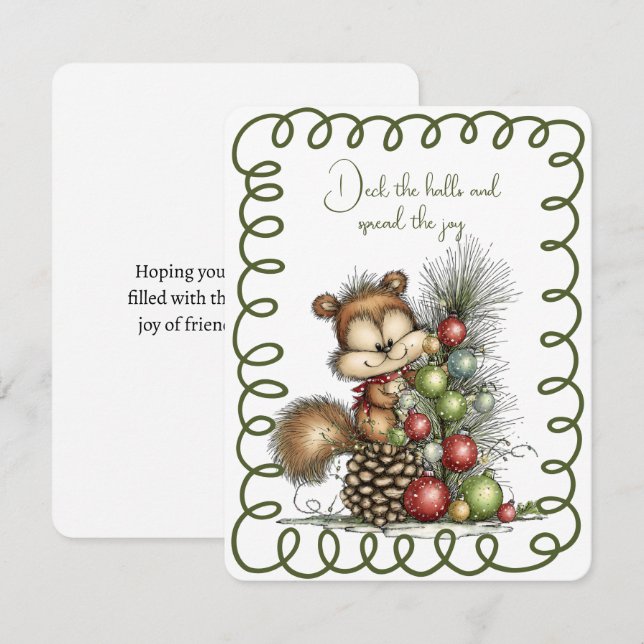 Cute Squirrel Decorating a Christmas Tree Holiday Card (Front/Back)