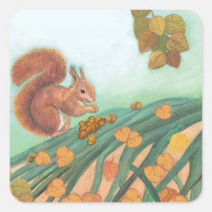 Cute Squirrel Eating Hazelnut Illustration   Square Sticker