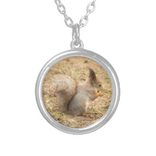 Cute squirrel eats a nut photo silver plated necklace