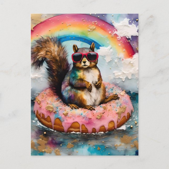 Cute Squirrel Floating Glazed Donut Funny Vacation Postcard (Front)