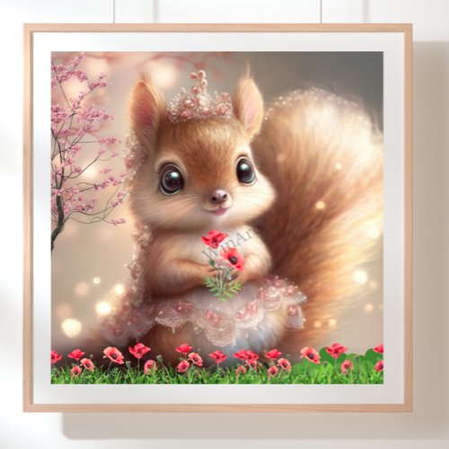 Cute Squirrel Floral Garden Nursery Art Whimsical Poster