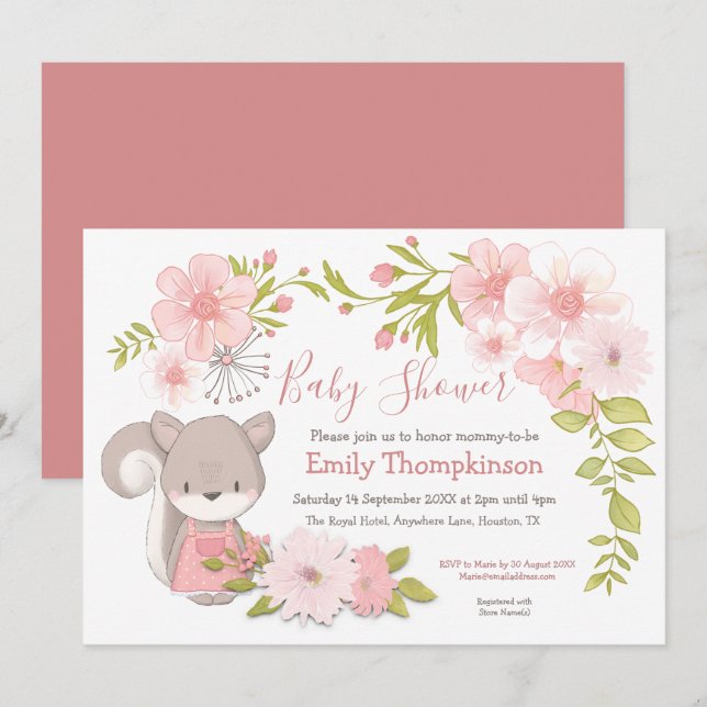 Cute Squirrel Flowers Leaves Frame Baby Shower Invitation (Front/Back)