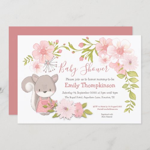 Cute Squirrel Flowers Leaves Frame Baby Shower Invitation