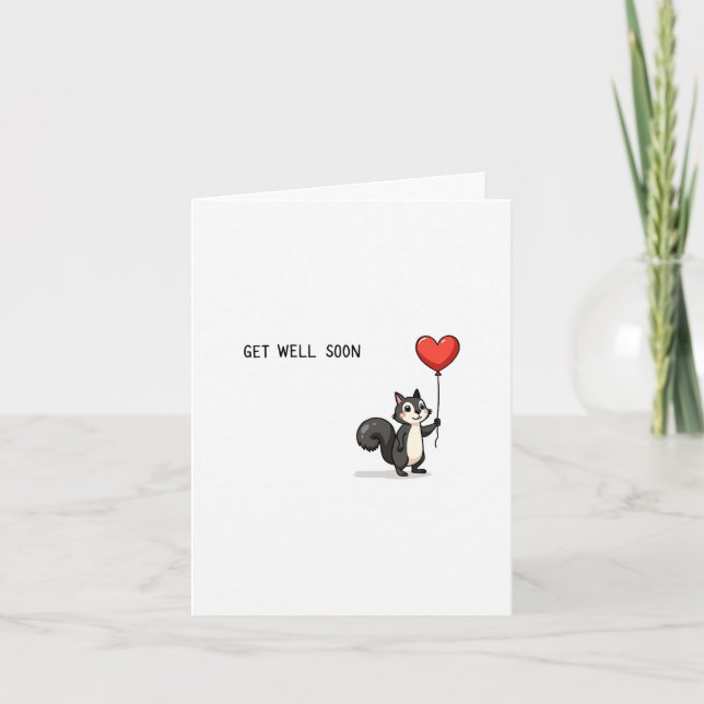 Cute Squirrel Get Well Card With Red Balloon (Front)