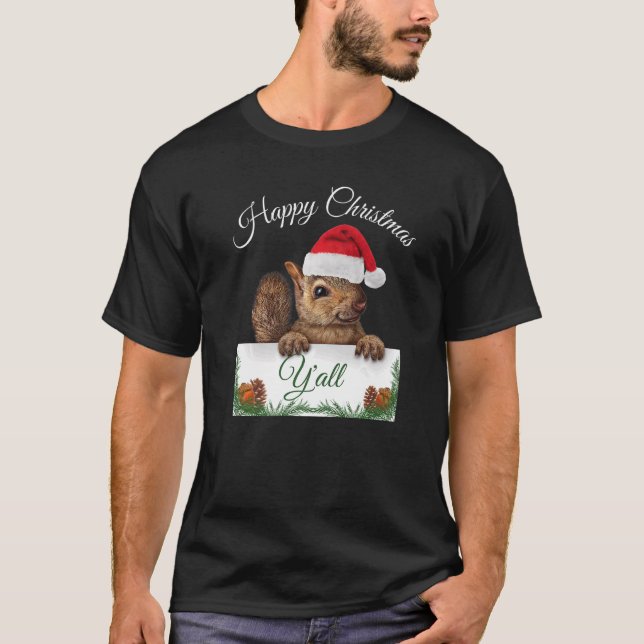 Cute Squirrel Happy Christmas Santa Hat T-Shirt (Front)
