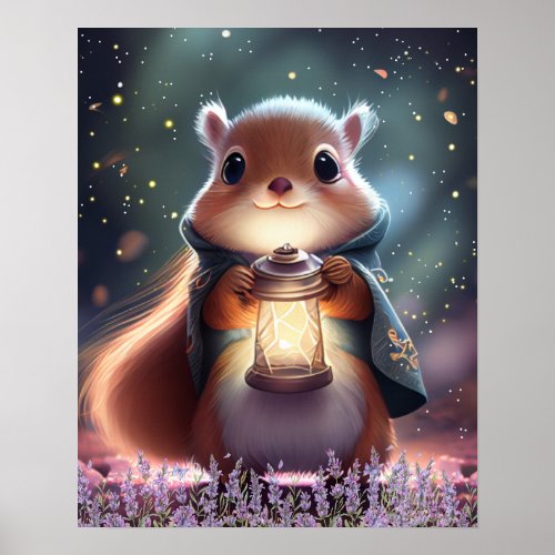 Cute Squirrel holding a Lantern Art Nursery Poster