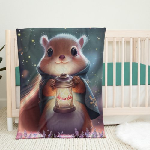 Cute Squirrel holding a lantern Personalized  Baby Blanket