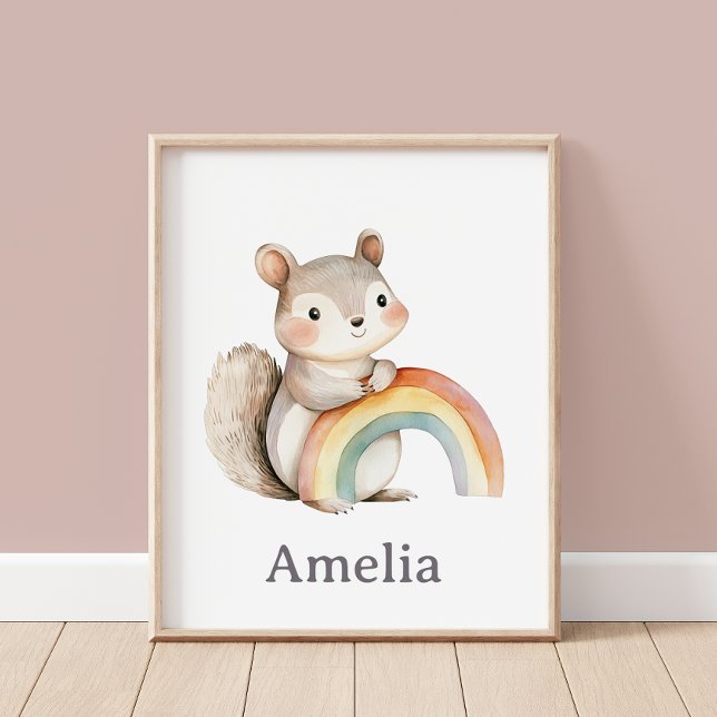Cute Squirrel Holding A Rainbow Modern Nursery Poster (Creator Uploaded)