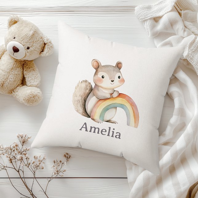 Cute Squirrel Holding A Rainbow Modern Nursery Throw Pillow (Creator Uploaded)